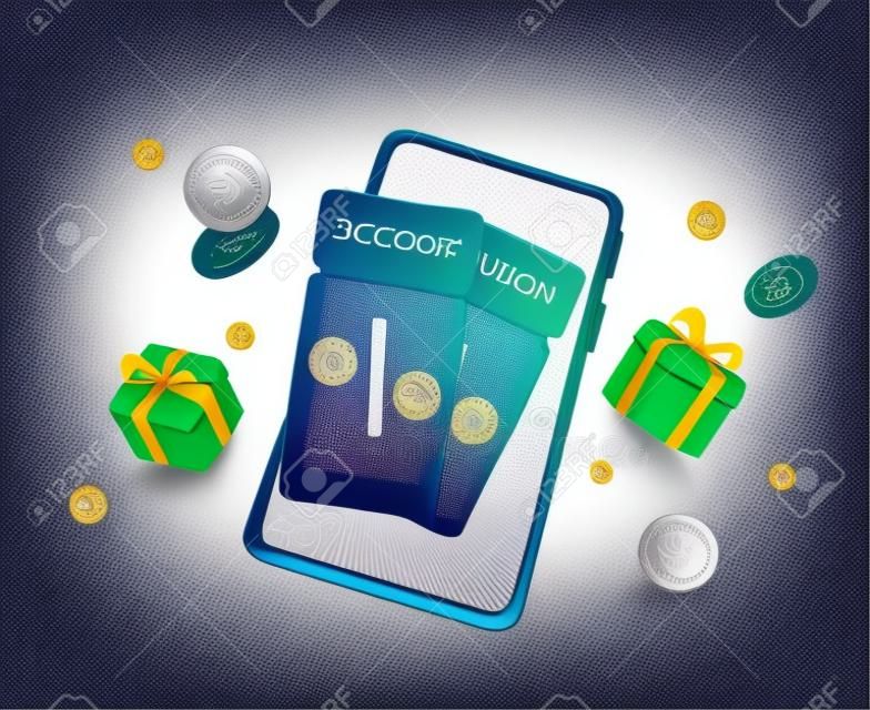 Discount Coupon on Smartphone Screen. 3d Vector Illustration. Smartphone with sale coupons, gift boxes and coins. Online sales and marketing concept. 3d concept online shopping