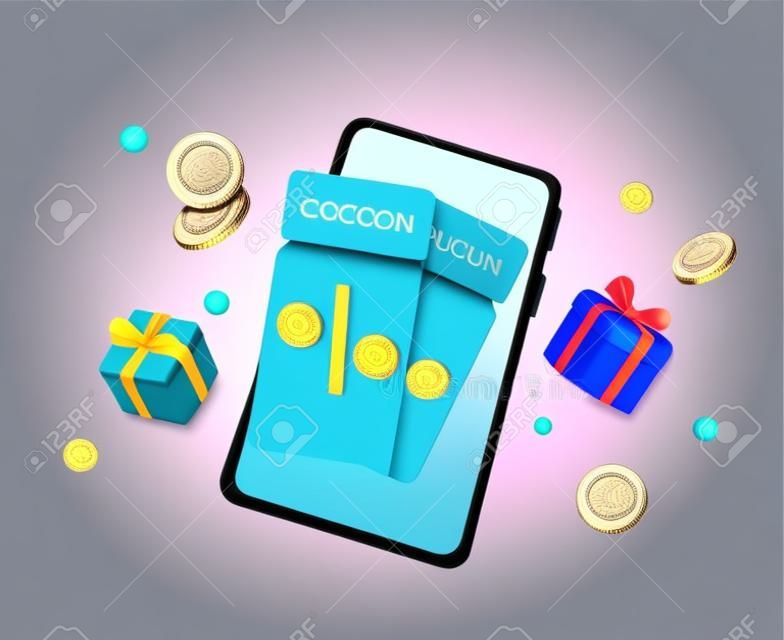 Discount Coupon on Smartphone Screen. 3d Vector Illustration. Smartphone with sale coupons, gift boxes and coins. Online sales and marketing concept. 3d concept online shopping
