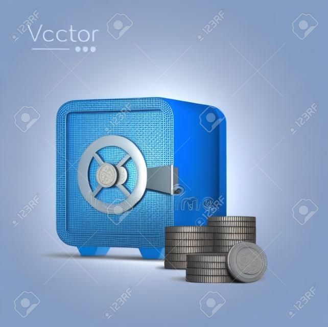 3d blauwe kluis of veilige doosstapels munten in minimale stijl geïsoleerd op achtergrondconcept voor het bewaren van geldbankopslag beveiligde 3d vectorillustratie vectorillustratie