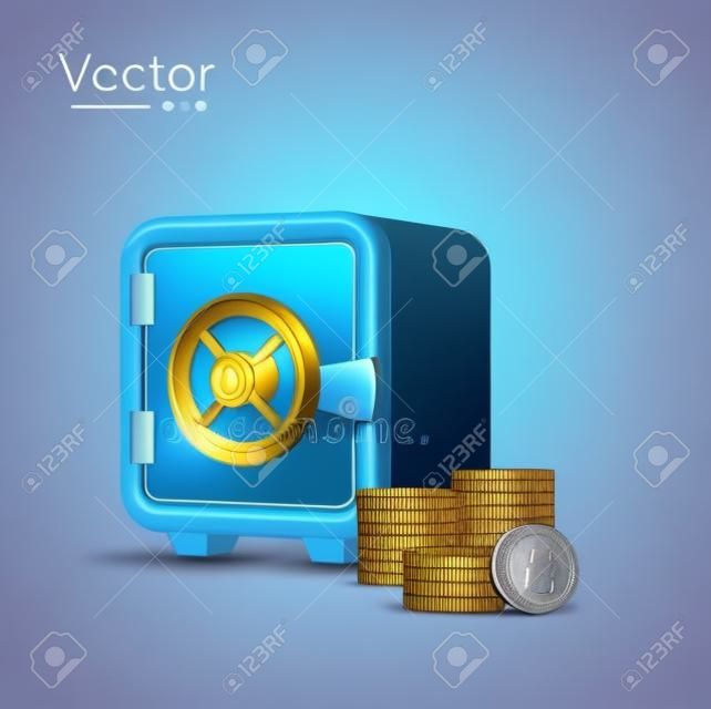 3d blue vault or Safe box, stacks of coins in minimal style, isolated on background. Concept for saving, keeping money, bank, storage, secured. 3d vector illustration. Vector illustration