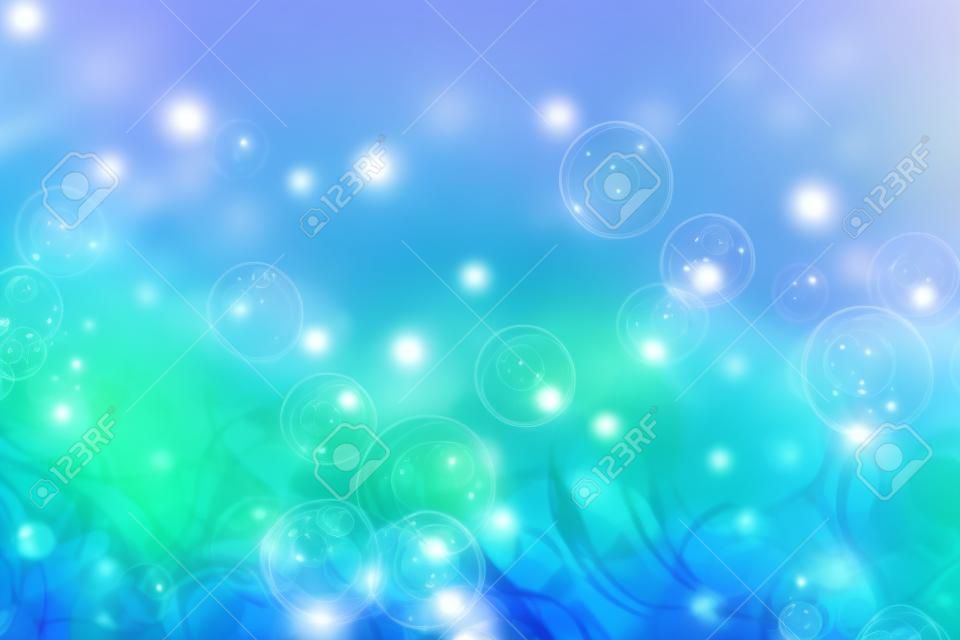 Photo realistic background blur, bokkeh lights, shallow depth of field. A creative illustration of colorful blue bubbles.
