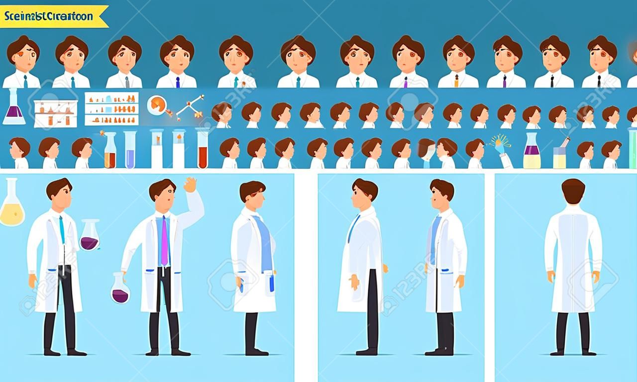 Scientist character creation set. Man working in science laboratory at experiments. Full length, different views, emotions, gestures. Build your own design. Cartoon flat style infographic illustration