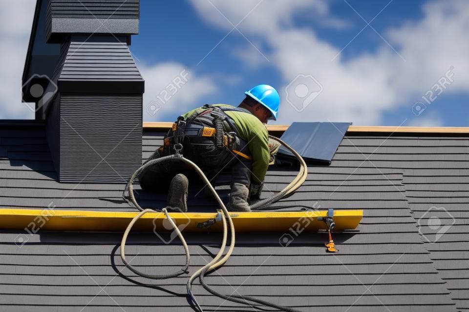 couvreur construction toit réparation corde sécurité travailleur