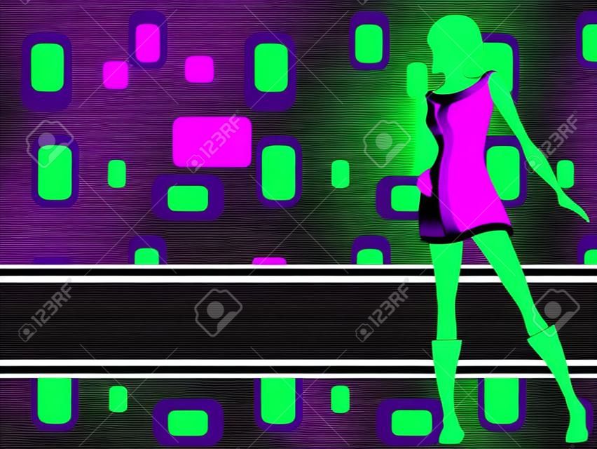 Banner retrò viola e verde con silhouette ragazza mod. Grafica è raggruppati in diversi strati di facile montaggio. Il file può essere ridimensionato.