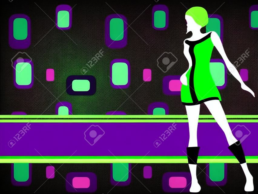 Фиолетовый и зеленый ретро баннер с модным силуэтом девушки. Графика сгруппирована в несколько слоев для удобного редактирования. Файл может быть масштабирован до любого размера.