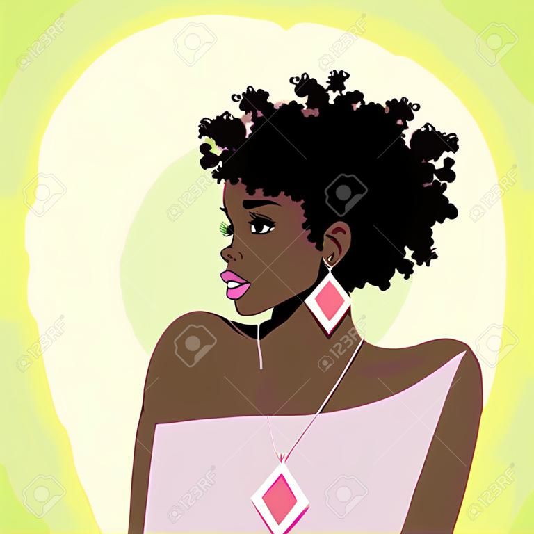 明るい緑の背景に自然な髪と美しい、浅黒い肌の女性のイラスト。グラフィックをグループ化と簡単な編集のためのいくつかの層で。ファイルを任意のサイズにスケールできます。