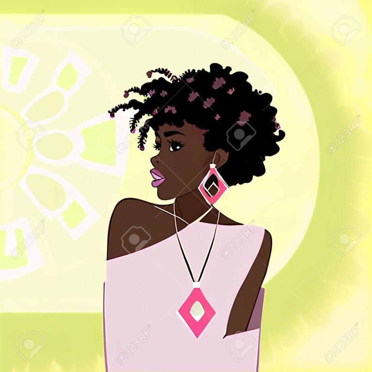 Illustration of a beautiful, dark-skinned woman with natural hair against a bright green background. Graphics are grouped and in several layers for easy editing. The file can be scaled to any size.