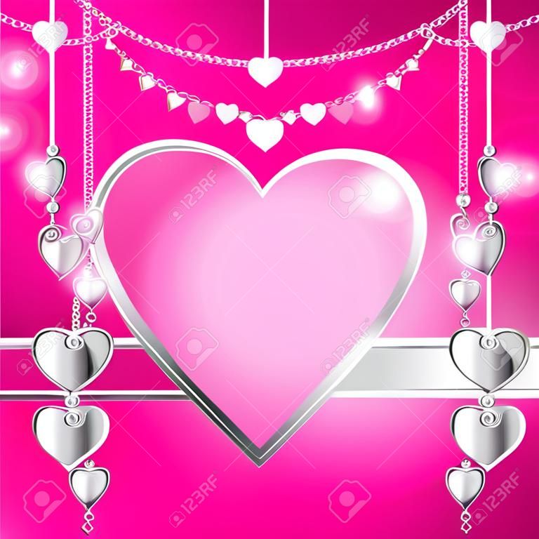 Elegant romantic frame with silver pendants, on a hot pink background. Graphics are grouped and in several layers for easy editing. The file can be scaled to any size.