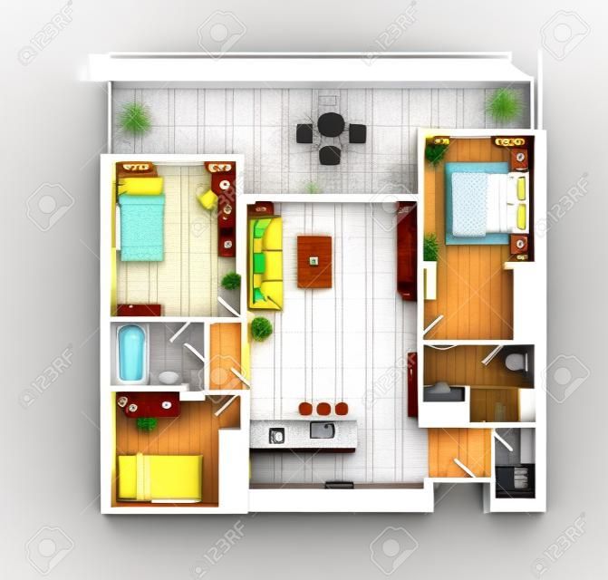房子頂視圖3D例證的樓面佈置圖。開放式概念生活公寓佈局