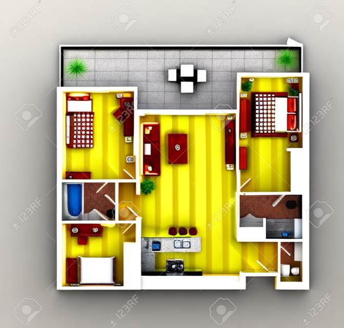 房子頂視圖3D例證的樓面佈置圖。開放式概念生活公寓佈局
