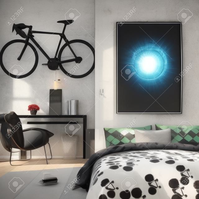 Mock up poster in jongen tiener slaapkamer interieur achtergrond, industriële stijl, 3d render