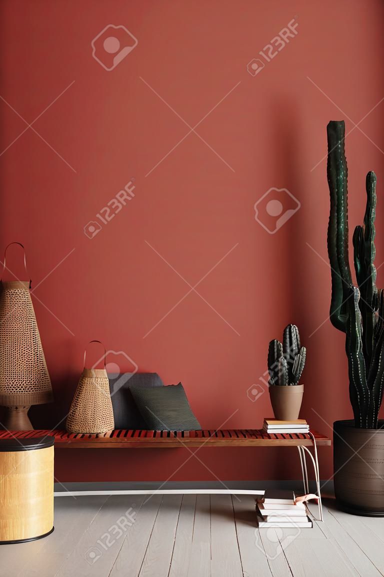 ベンチ、椅子と赤い部屋の装飾、3Dレンダリングと素朴なホームインテリアモックアップ
