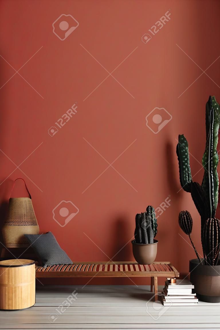 ベンチ、椅子と赤い部屋の装飾、3Dレンダリングと素朴なホームインテリアモックアップ