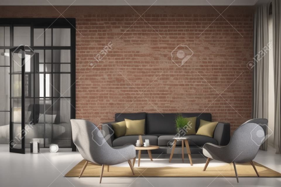 Interno del soggiorno in loft, stile industriale, rendering 3d