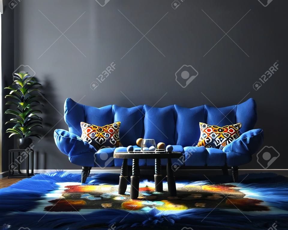 Home interior with furniture in trendy blue color, Classic Blue color of the Year 2020, 3d render