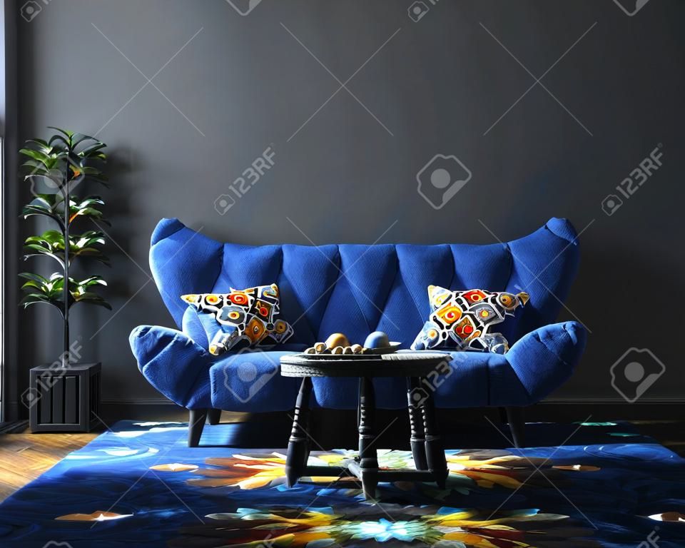 Home interior with furniture in trendy blue color, Classic Blue color of the Year 2020, 3d render