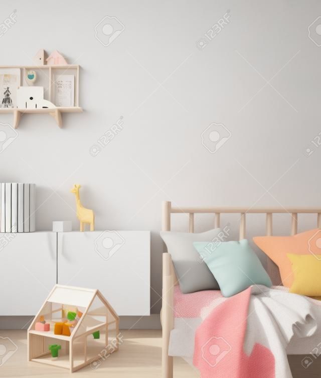 Makieta ramki w pokoju dziecięcym z meblami z naturalnego drewna, tło wnętrza w stylu skandynawskim, renderowanie 3d