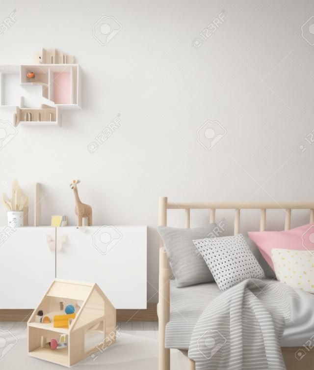 Makieta ramki w pokoju dziecięcym z meblami z naturalnego drewna, tło wnętrza w stylu skandynawskim, renderowanie 3d