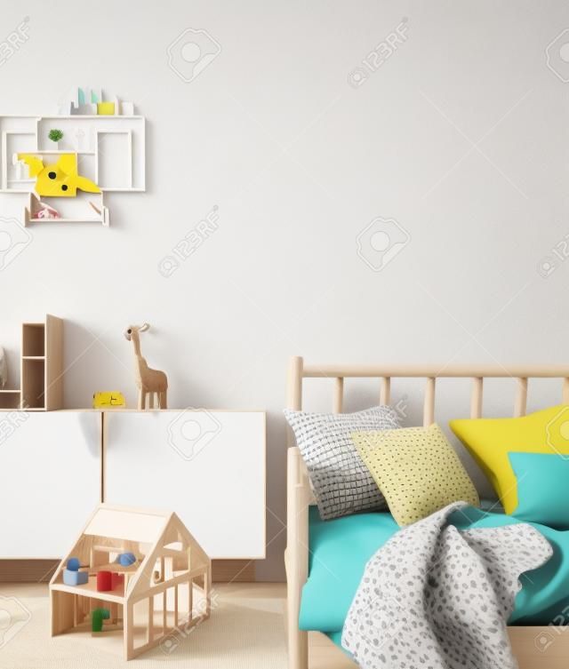 Cornice mock up nella stanza dei bambini con mobili in legno naturale, sfondo per interni in stile scandinavo, rendering 3D