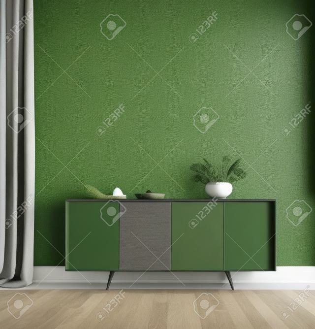 Commode met decor in woonkamer interieur, donker groene muur mock-up achtergrond, 3D render