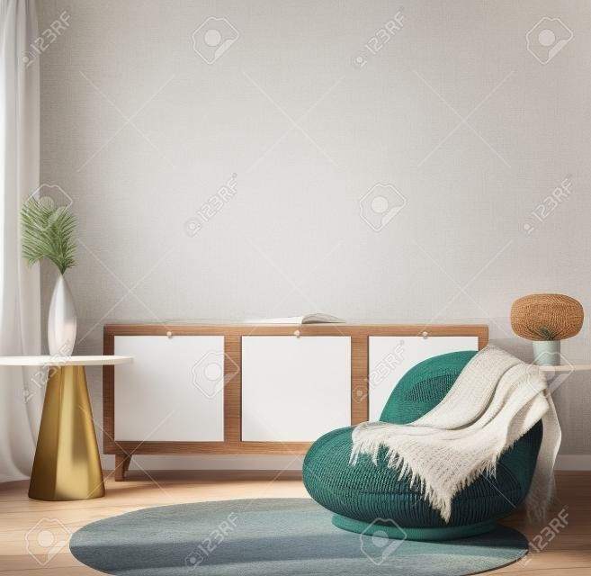 Fondo interior de la casa, habitación acogedora con muebles de madera natural, estilo Scandi-Boho, render 3d