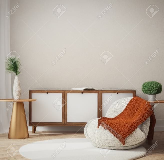 홈 인테리어 배경, 천연 목재 가구를 갖춘 아늑한 객실, 스칸디-보헤미안 스타일, 3d 렌더