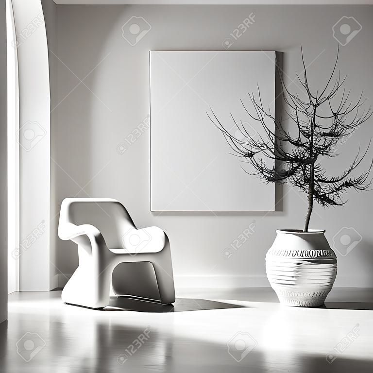Maqueta de lienzo en un fondo interior minimalista con sillón y decoración rústica, render 3d