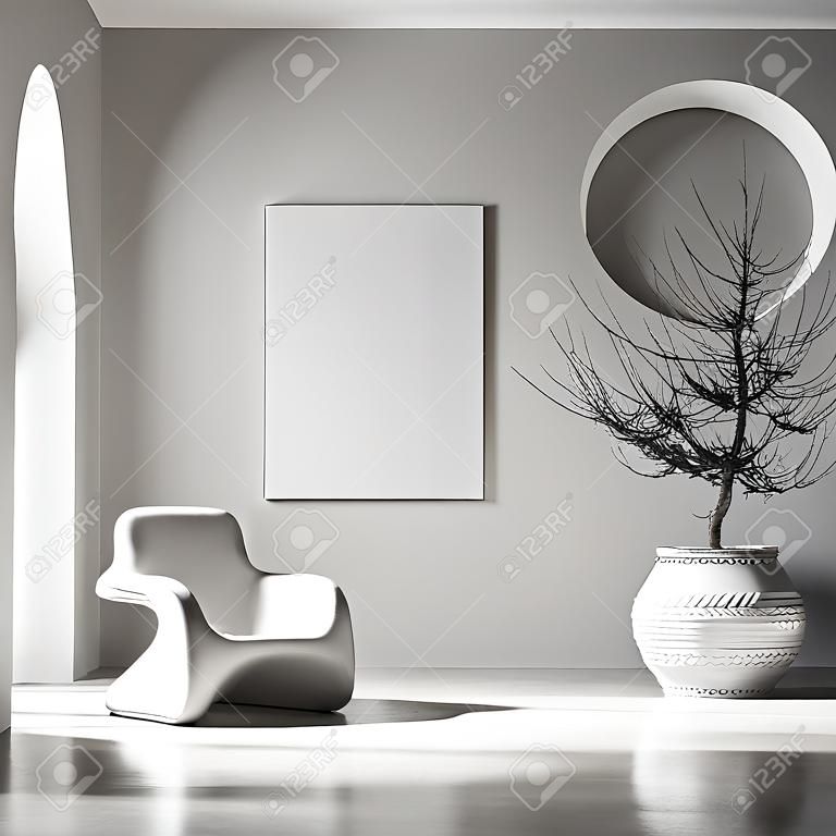 Mockup di tela in uno sfondo interno minimalista con poltrona e arredamento rustico, rendering 3d