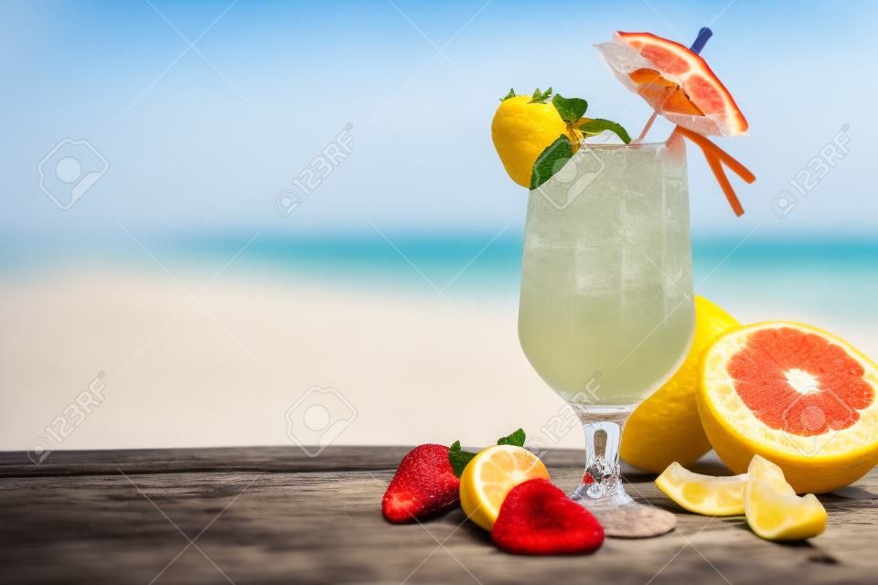 Cocktail estivo con pezzi di frutta su tavola di legno. Spiaggia sfocatura su sfondo