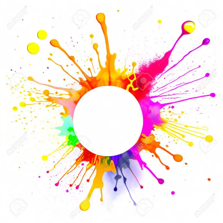 Super macro shot of colored paint splashes and powder  dancing  on sound waves  In rounded shape with free space for text  Isolated on white background