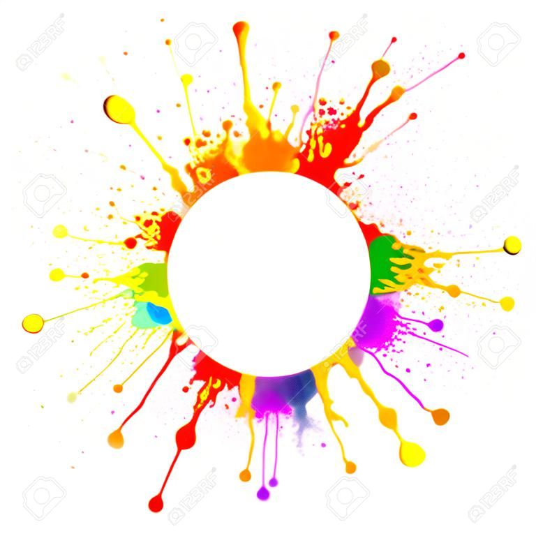 Szuper makró lövés színes festék fröccsenő vízzel és porral táncol a hanghullámok kerek alakú szabad hely a szöveget elszigetelt fehér háttér
