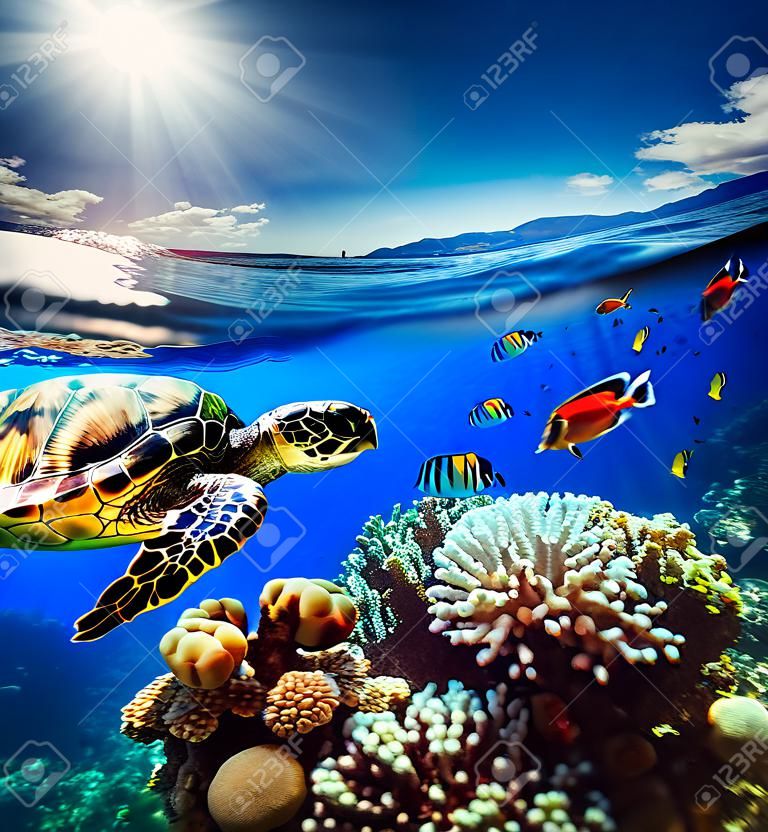 Podwodny widok rafy koralowej z horyzontu i powierzchni wody w rozbiciu na linii wodnej. Fragment żółwia zwiedzaniu rafy. Letnie wakacje koncepcji. Wysoka rozdzielczość