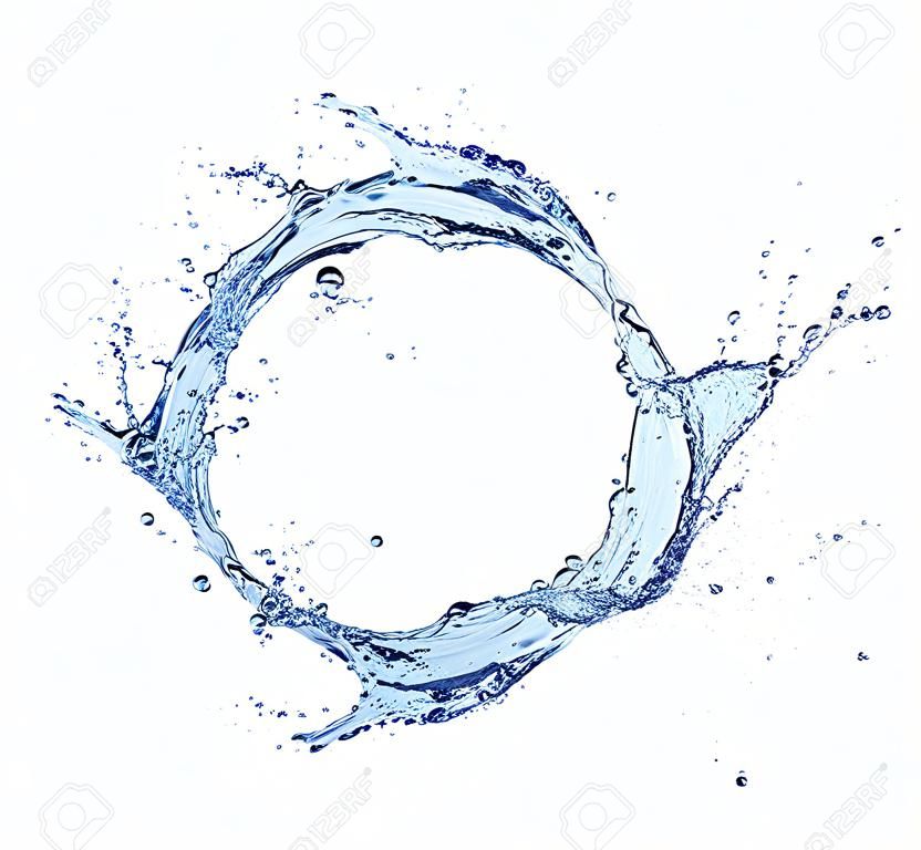 흰색 배경에 고립 된 원 모양의 파란색 추상 물 시작,