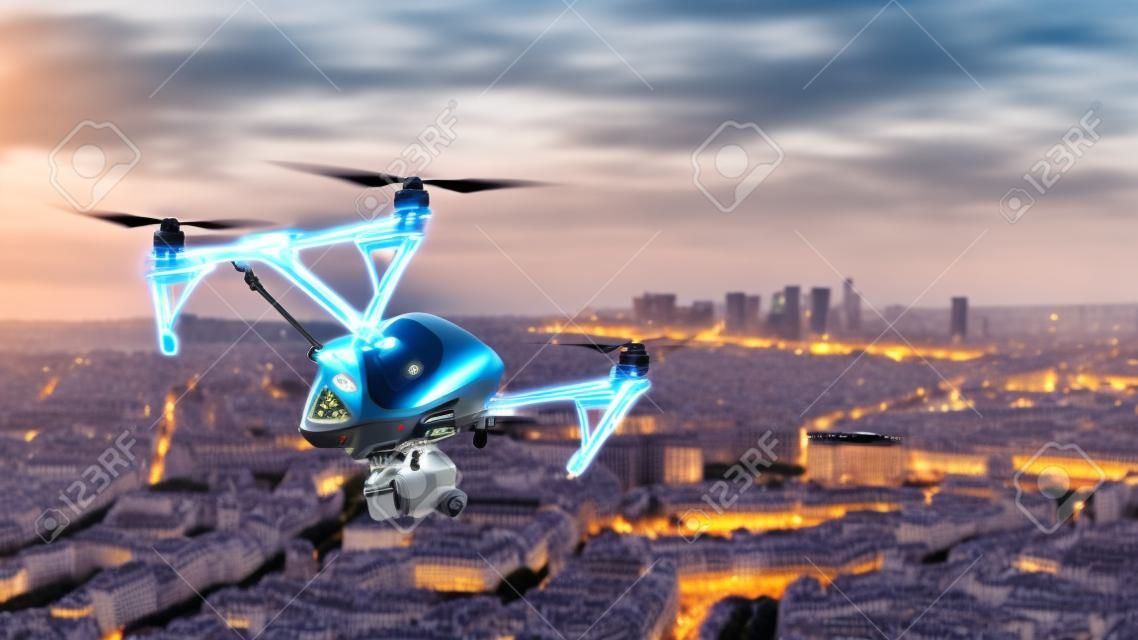 Drone flying above Paris city panorama in blur motion