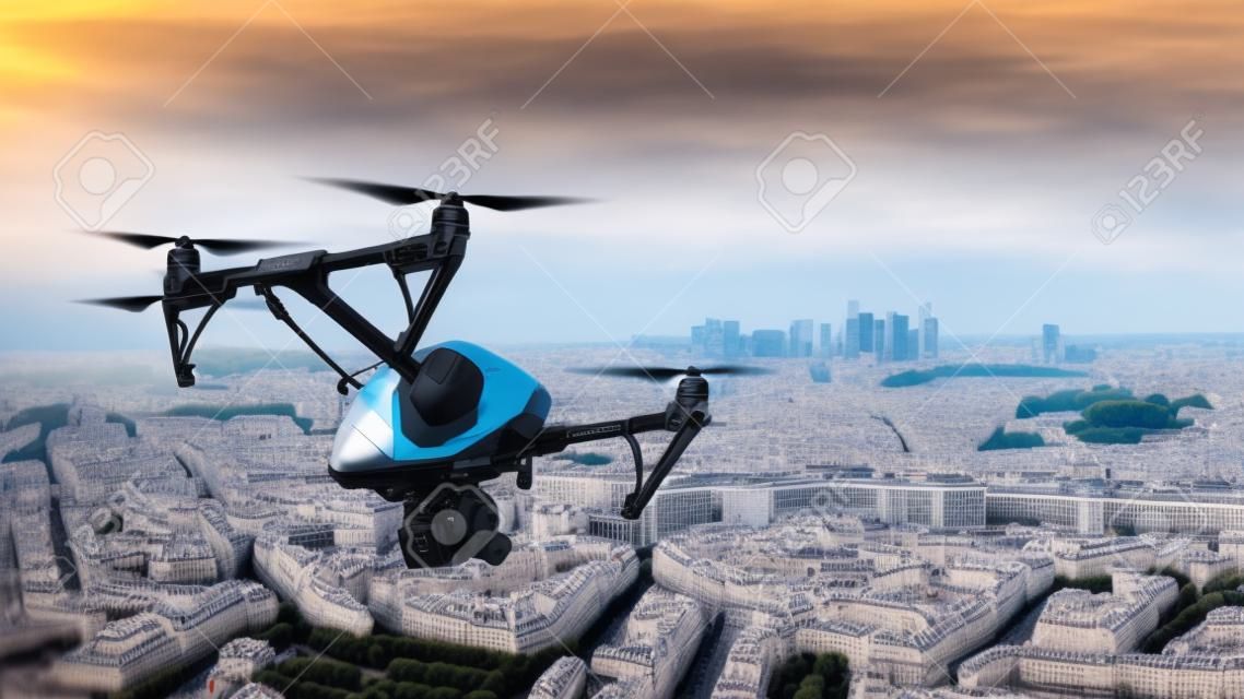 Drone flying above Paris city panorama in blur motion