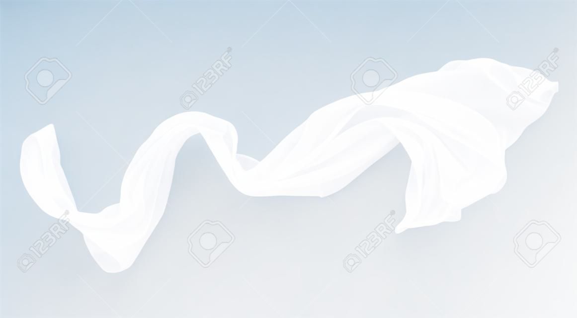 부드러운 우아한 흰색 투명 천으로 흰색 배경에 구분. 비행 직물의 질감입니다.