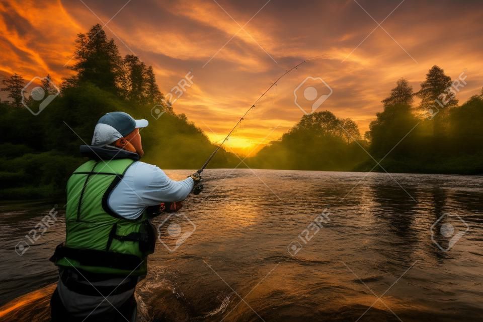 Il pescatore di caccia di caccia di burattini di sport all & # 39 ; aperto di pesca nel fiume durante la corsa di corsa e hobby acrobatico