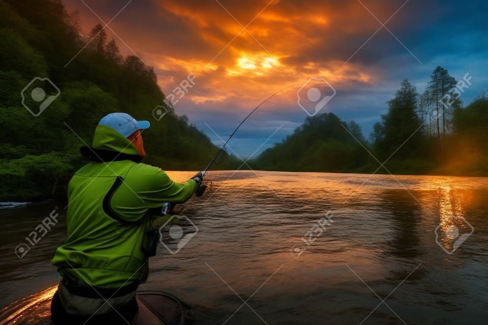 스포츠 어부 사냥 물고기입니다. 일출 동안 강에서 야외 낚시입니다. 사냥과 취미 스포츠.