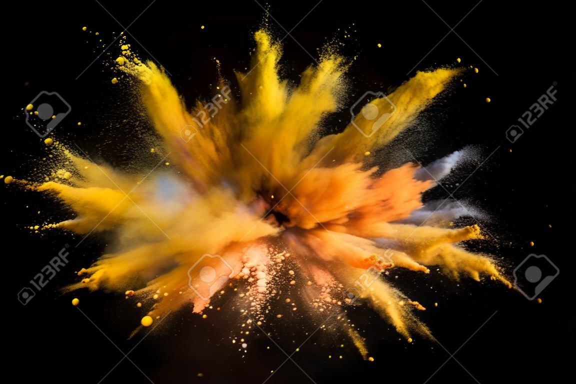 Explosie van gekleurd poeder geïsoleerd op zwarte achtergrond. Abstract gekleurde achtergrond