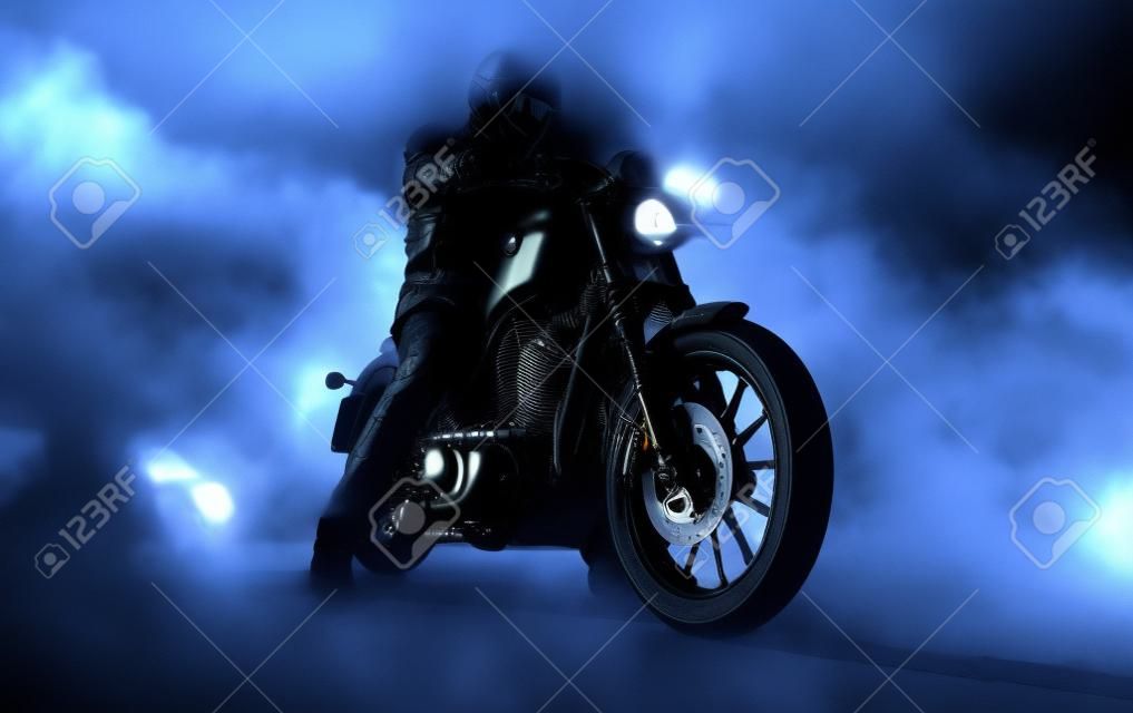 Dark motorcycle driver in fog. Wallpaper design of high power motorbike