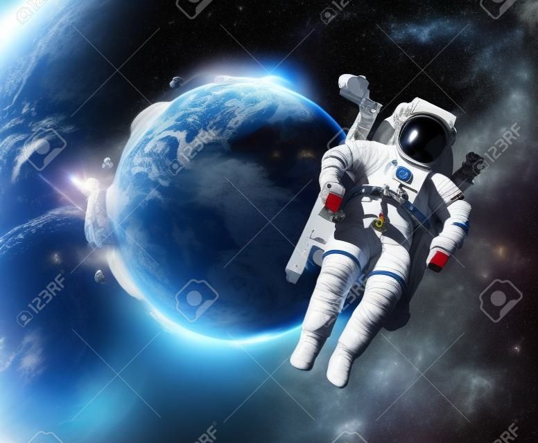 Flying astronaut operating in space nearby of planet Earth.