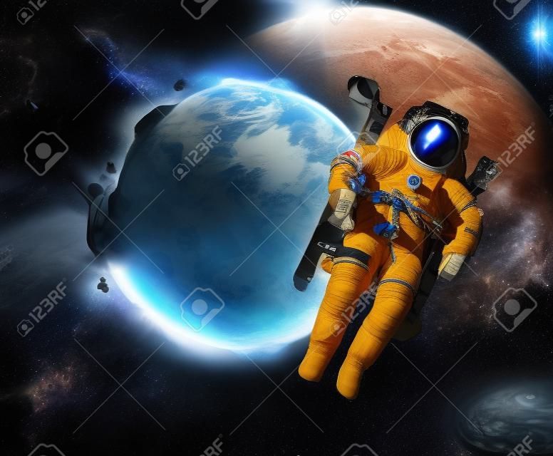 Flying astronaut operating in space nearby of planet Earth.