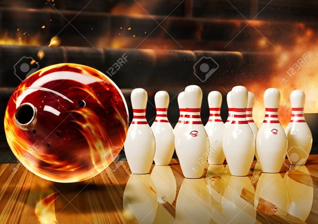 Bowlingschlag mit Feuerball, der auf dem Boden rollt Konzept für Erfolg und Gewinn.