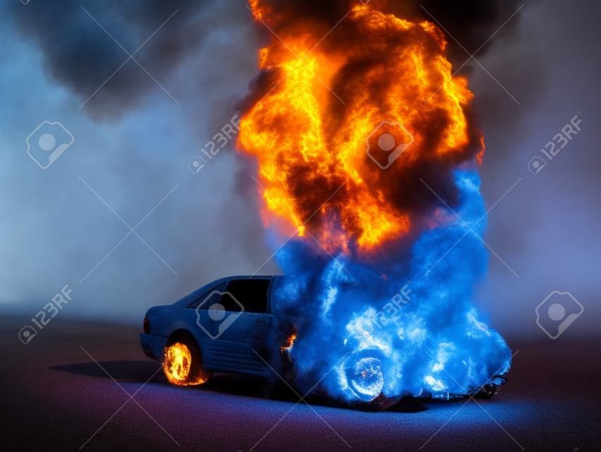 a burning car on blue background