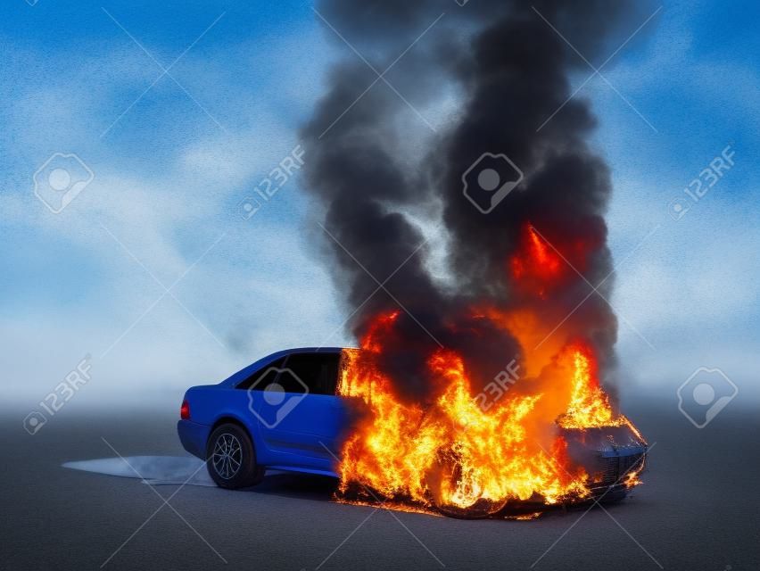 a burning car on blue background