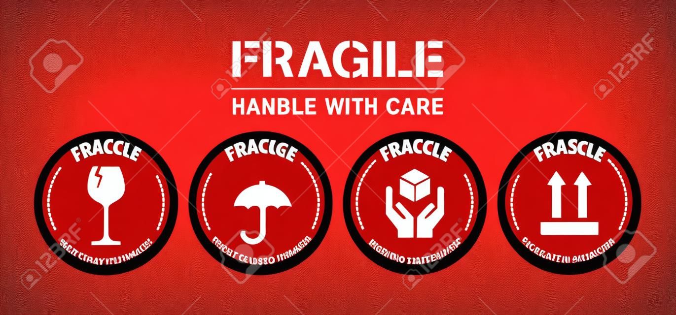 Illustrazione vettoriale del set di adesivi Fragile, Handle with Care o Package Label. Set di colori rosso e bianco. Stile banner a forma circolare..