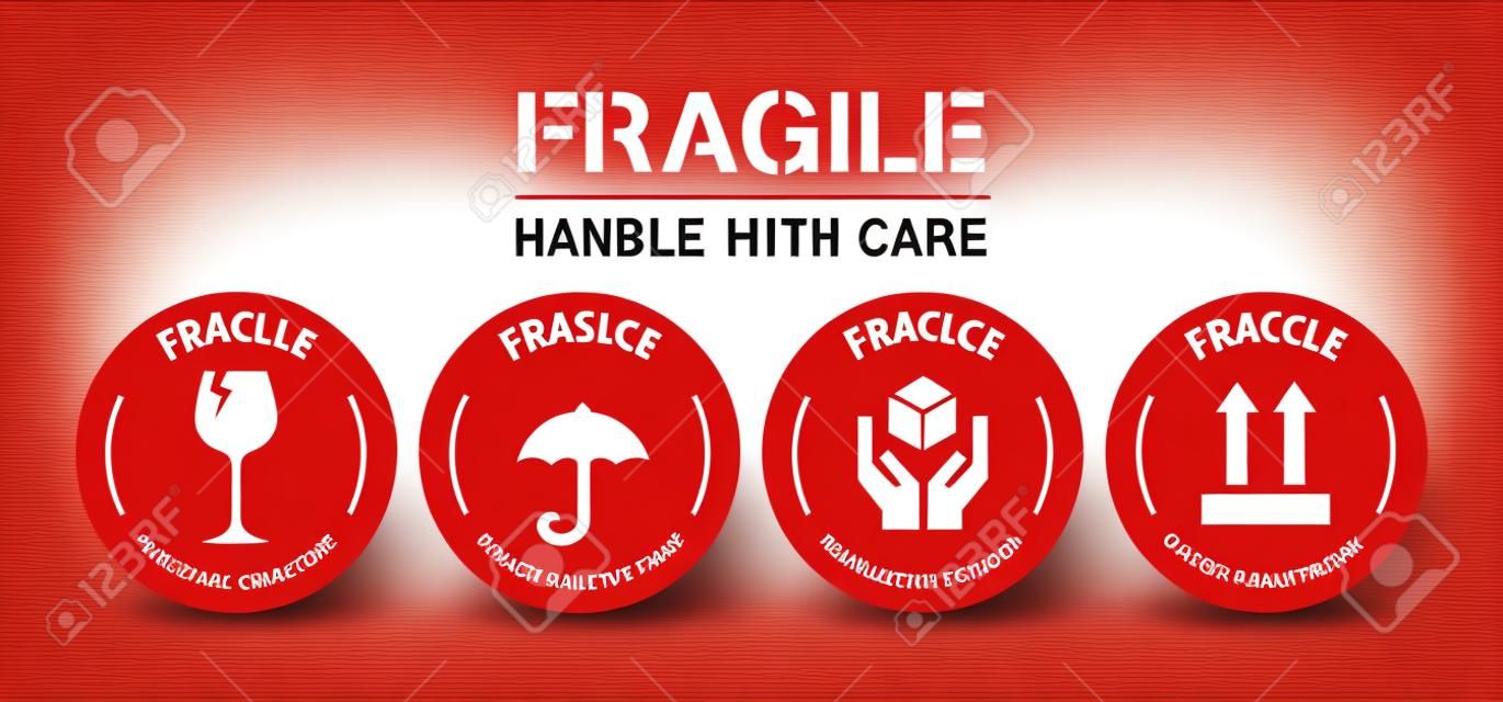 Illustrazione vettoriale del set di adesivi Fragile, Handle with Care o Package Label. Set di colori rosso e bianco. Stile banner a forma circolare..