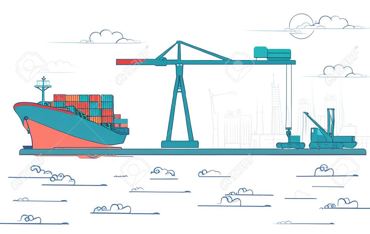 Konzept des globalen Transportes, Grafik des Frachthafens mit Betriebsausstattung, Vektor des Kranladens auf Industrieschiff.