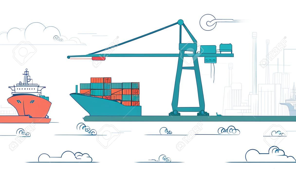 Konzept des globalen Transportes, Grafik des Frachthafens mit Betriebsausstattung, Vektor des Kranladens auf Industrieschiff.