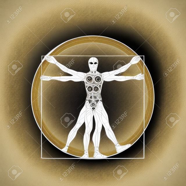 grafika przedstawiająca człowieka witruwiańskiego w futurystycznym stylu